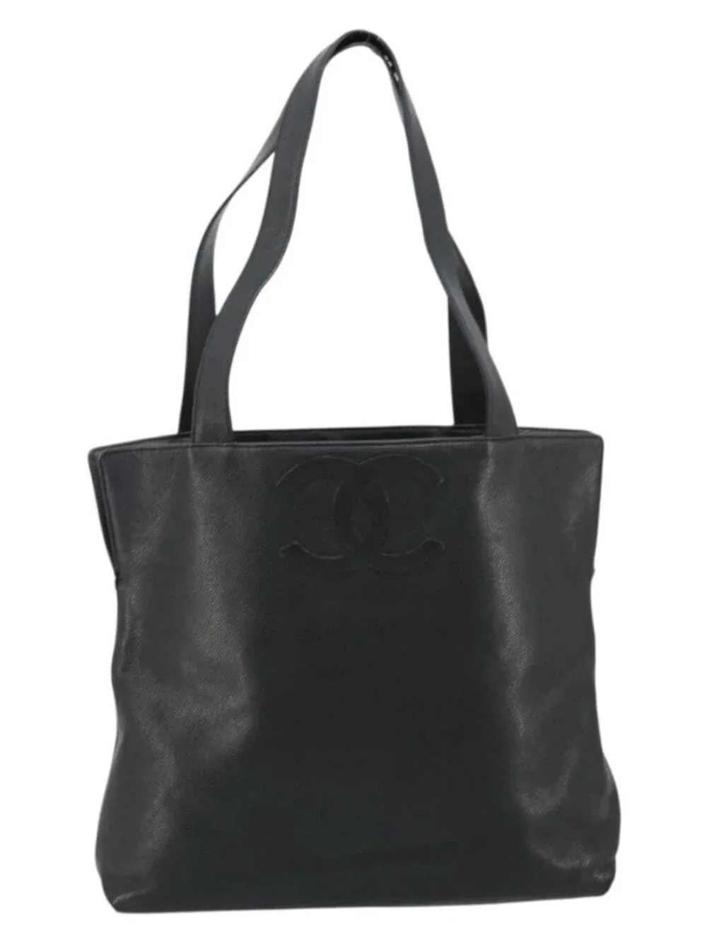 CHANEL Tote Bag Grained Calf Skin Black Gold CC Auth BA12903